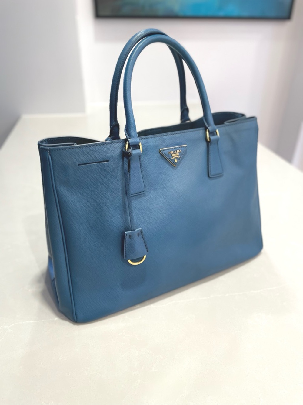 Prada Galleria Saffiano Leather Large Structured Tote Blue w/ Gold Hardware
